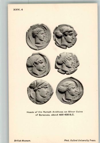 Köpfe der Nymphe Arethusa auf Silbermünzen von Syrakus Münze auf AK