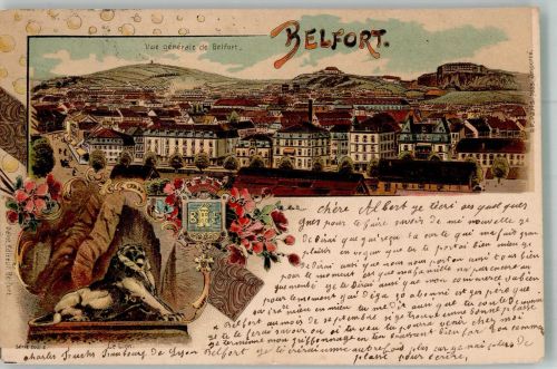 90000 Belfort 1900 Gebrauchsspuren Denkmal Löwe Wappen Lithographie