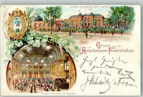10115 O1020 Friedrichshain 1900 Lithographie Actienbrauerei Friedrichshain Konzertgarten Konzertsaal Bierwappen
