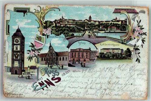 4470 Enns 1909 Gebrauchsspuren Kaserne Rathaus Stadt-Pfarr- Kirche Lithographie