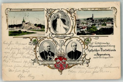 93047 W8400 Regensburg 1904 Gebrauchsspuren 51. Generalversammlung der Katholiken Deutschlands 1904 Papst Pius X. Bischof von Senes Frey und Weibischof Freiher von Orb Wappen