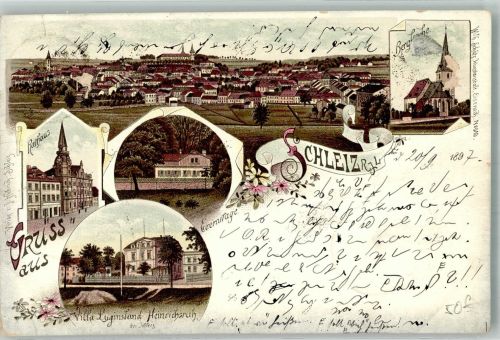 07907 O6550 Schleiz 1897 Lithographie Rathaus Villa Luginsland Heinrichsruh Eremitage Bergkirche