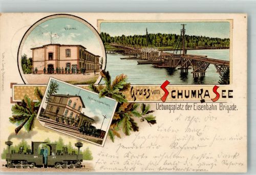 15838 O1637 Sperenberg 1900 Lithographie Übungsplatz der Eisenbahn-Brigade Schumka See Kaserne Station Sperenberg Dampflokokomotive Brückenbau