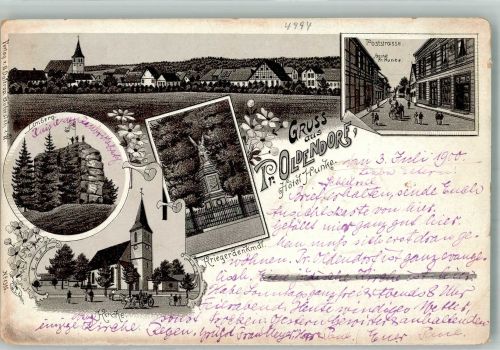 32361 W4994 Preußisch Oldendorf 1900 Lithographie Limberg Poststrasse Gasthaus Hunke Kriegerdenkmal Dorfkirche