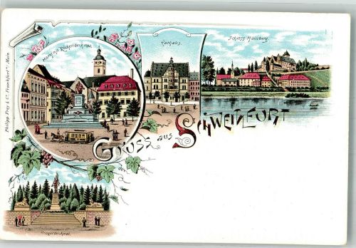97421 W8720 Schweinfurt Lithographie Markt Rückertdenkmal Rathaus Kriegerdenkmal Schloss Mainberg