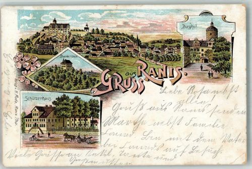 07389 O6843 Ranis 1905 Gebrauchsspuren Lithographie Brandenstein Burghof Schützenhaus