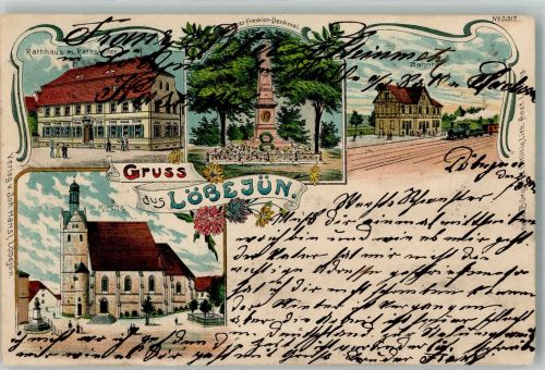 06193 O4106 Löbejün 1902 Lithographie Kaiser Friedrich-Denkmal Rathaus Gasthaus Ratskeller Bahnhof