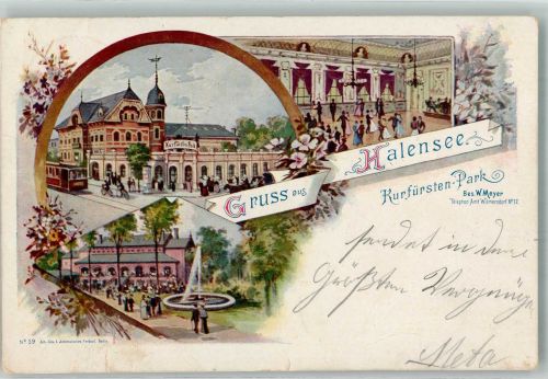 10115 W1000 Halensee 1898 Lithographie Gasthaus Etablissement Kurfürsten-Park Ballsaal Garten Strassenbahn