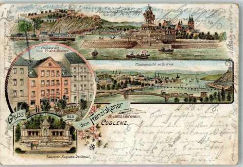 56068 W5400 Koblenz am Rhein 1898 Gebrauchsspuren Lithographie Gasthaus zum Franziskaner Deutsches Eck Denkmal Kaiserin Augusta-Denkmal Erh. II-Stauchung