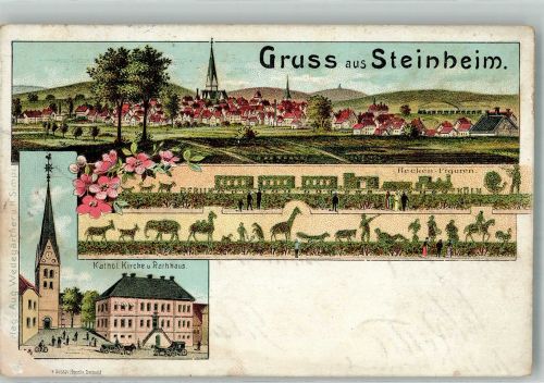 32839 W4939 Steinheim , Westf 1907 Lithographie Kath. Kirche Rathaus Hecken-Figuren Bahnpost Hannover Zug 605