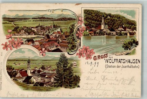 82515 W8190 Wolfratshausen 1899 Lithographie St. Andreaskirche Isar