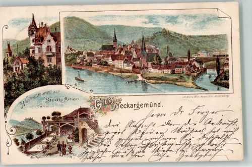 69151 W6903 Neckargemünd 1900 Lithographie Gasthaus zur Stadt Athen Terrasse