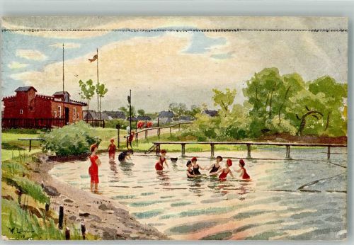 01468 O8101 Dippelsdorf b Dresden 1911 Künstlerkarte Strandbad Damenbecken signiert Zimmerer