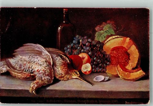 Wildgeflügel Kürbis Trauben ASM Serie 505 Stillleben 1906 Künstlerkarte