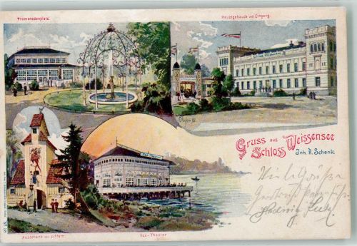 10115 O1120 Weißensee 1898 Lithographie / Künstlerkarte Promenadenplatz Springbrunnen See-Theater Hauptgebäude Schloss Weissensee signiert
