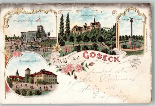 06667 O4851 Goseck 1898 Lithographie Gasthaus zum Bergschlösschen Schloss Goseck Schlosshof Kriegerdenkmal
