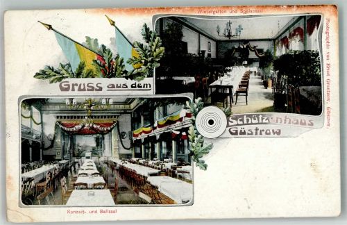 18273 O2600 Güstrow 1914 Gebrauchsspuren Gasthaus Schützenhaus Seisesaal , Wintergarten, Konzert- und Ballsaal Foto AK