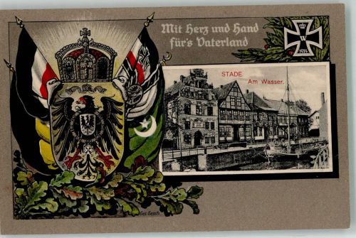 21680 W2160 Stade , Niederelbe 1916 - Mit Herz und Hand für's Vaterland Wappen Eisernes Kreuz Reichskrone Reichsadler Stade Feldpost Bahnpost Hamburg-Cuxhaven Zug 358