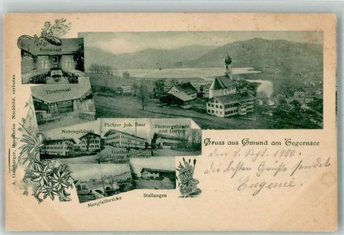 83703 W8184 Gmund a. Tegernsee 1900 - Gasthaus Herzog Maximilian Theatersaal Speisesaal Mangfallbrücke Stallungen