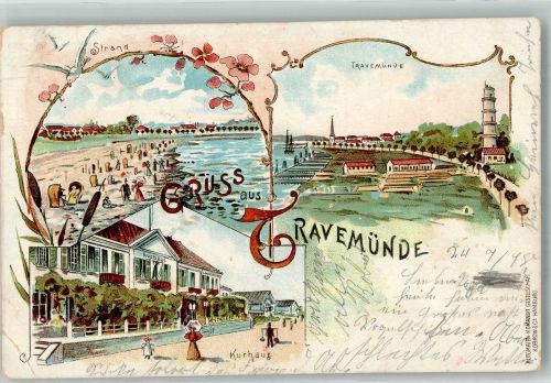 23552 W2401 Travemünde 1898 Gebrauchsspuren Lithographie Strand Leuchtturm Kurhaus Erh.II-Stauchung
