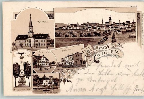 06420 O4340 Könnern 1899 Lithographie Rathaus Bahnhof Kriegerdenkmal Georgsburg Postamt