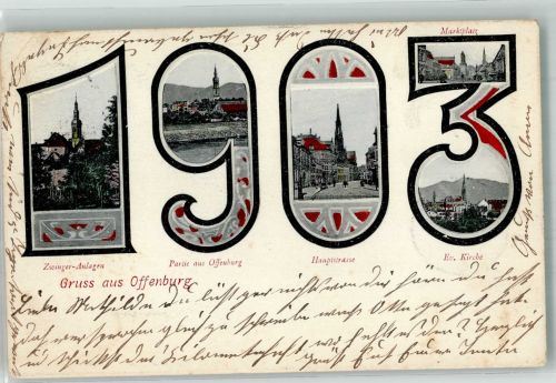 77652 W7600 Offenburg 1903 Gebrauchsspuren Offenburg 1903 Zwinger-Anlagen Hauptstrasse Ev. Kirche Marktplatz Stauchung