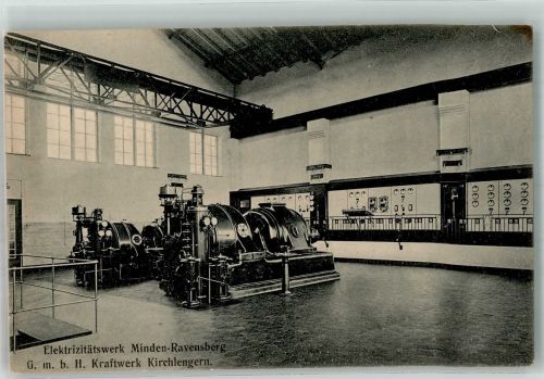 32278 W4983 Kirchlengern 1913 Foto AK Elektrizitätswerk Minden-Ravensberg Maschinenraum Bahnpost Rheine-Löhne Zug 531