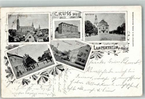 68623 W6840 Lampertheim , Hess 1897 Gebrauchsspuren Ev. Kirche Neues Schulhaus Rathaus Hauptstrasse Gasthaus Darmstädter Hof