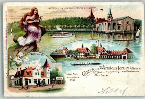 10115 O1190 Niederschöneweide 1900 Gebrauchsspuren Lithographie Die Loreley Spreedampfer Gasthaus Loreley