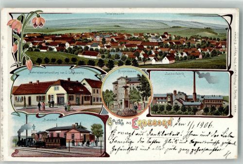 06317 O4251 Erdeborn 1906 Gebrauchsspuren Lithographie Bahnhof Kriegerdenkmal Zuckerfabrik Handlung Lackowsky beschnitten