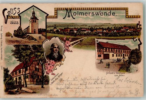 06543 O4721 Molmerswende Lithographie Gasthaus zum Adler Portrait Bürger Geburtshaus von G. A. Bürger