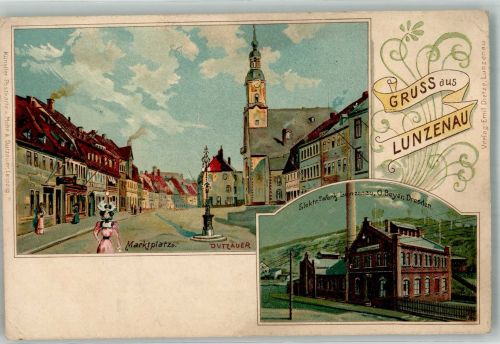 09328 O9293 Lunzenau Gebrauchsspuren Lithographie Marktplatz E-Werk Lunzenau Stauchung