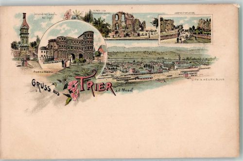 54290 W5500 Trier Lithographie Verläufer Druck um 1890 Secundiner Säule Amphitheater Porta Nigra Bahnhof