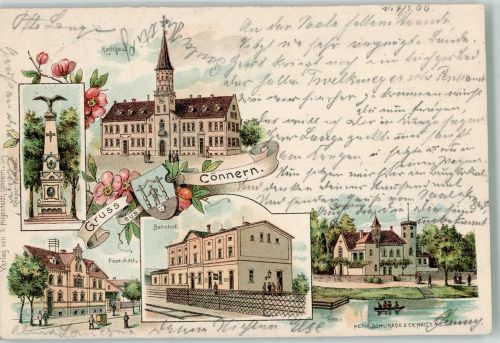 06420 O4340 Könnern 1899 Lithographie Rathaus Kriegerdenkmal Postamt Bahnhof Wappen