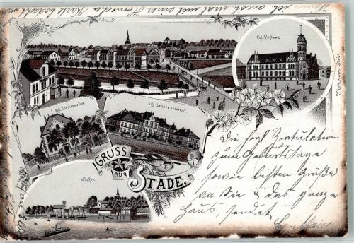 21680 W2160 Stade , Niederelbe 1898 Lithographie Verläufer Druck um 1890 Postamt Kgl. Lehrerseminar Kgl. Consistorium Hafen