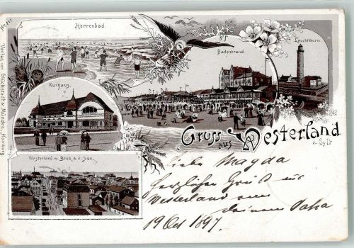 25980 W2280 Westerland 1897 Lithographie Verläufer Druck um 1890 Herrenbad Kurhaus Badestrand Leuchtturm