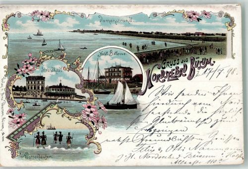 25761 W2242 Büsum 1898 Lithographie Damenstrand Hotel Bellevue Wattläufer Strandhotel
