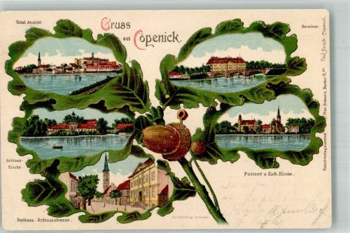 10115 O1199 Köpenick 1902 Gebrauchsspuren Lithographie Eichenblatt Seminar Schlosskirche Postamt Rathaus Schlossstrasse Stauchung