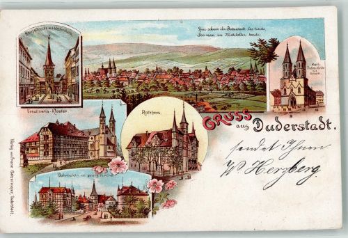 37115 W3408 Duderstadt , Niedersachs 1898 Lithographie Rathaus Ursulinerin-Kloster Bahnhofstrasse Ev. Kirche Spiegelbrücke Westerturm