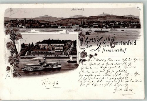 65396 W6229 Niederwalluf 1896 Lithographie Verläufer Druck um 1890 Gasthaus zum Gartenfeld Rhein Salondampfer Bahnpoststempel