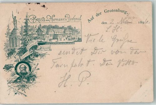 32756 W4930 Hiddesen 1896 Lithographie / Künstlerkarte Verläufer Druck um 1890 Grotenburg Hermann's-Denkmal Wildschweine Hirsch Gasthaus zum Hermannsdenkmal Portrait Bandel