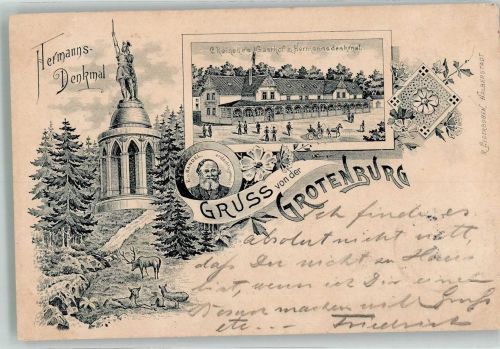 32756 W4930 Hiddesen 1897 Lithographie Verläufer Druck um 1890 Posthilfstelle am Hermannsdenkmal Grotenburg Hermann's Denkmal Gasthaus zum Hermansdenkmal Portrait E. Bandel