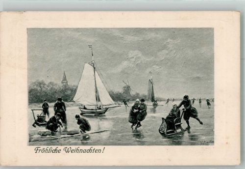 Weihnachten Holländer beim Eislauf Eisangeln und Schlittenfahrt auf zugefrorenem See T.S.N. Serie 1105 Gerstenhauer, J. G. 1918 Künstlerkarte