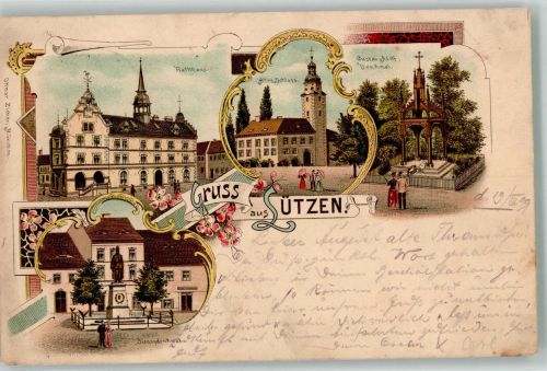 06686 O4854 Lützen 1899 Lithographie Rathaus Siegesdenkmal Altes Schloss Gustav Adolf-Denkmal