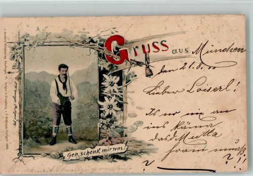 Mann Geh schenk mir was Münze auf AK 1900