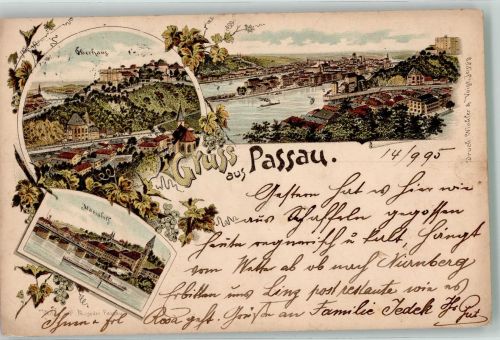 94032 W8390 Passau 1895 Lithographie Verläufer Druck um 1890 Oberhaus Mariahilf Drei Flüsse-Zusammenkunft