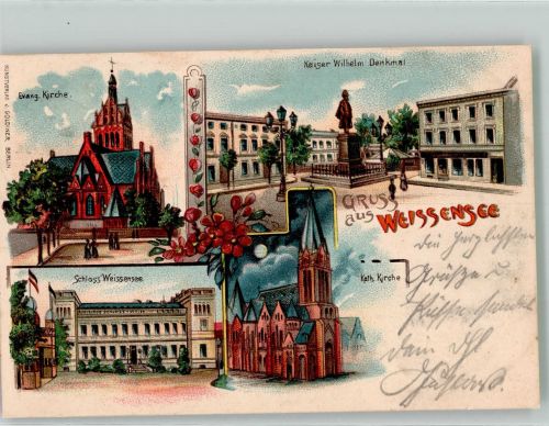 10115 O1120 Weißensee 1903 Lithographie Ev. Kirche Schloss Weissensee Kaiser Wilhelm-Denkmal Kath. Kirche