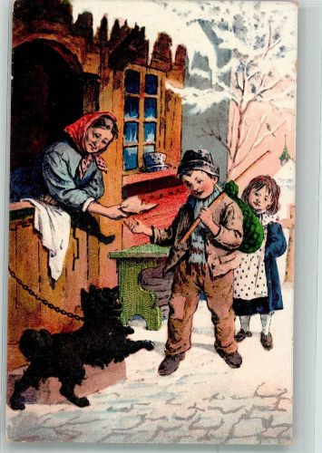 Frau mit Hund schenkt Kindern auf Wanderschaft eine Scheibe Brot Vagabund Künstlerkarte