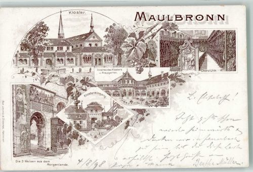 75433 W7133 Maulbronn 1898 Lithographie Verläufer Druck um 1890 Kloster Maulbronn Klostereingang Kreuzgarten Chorstühle