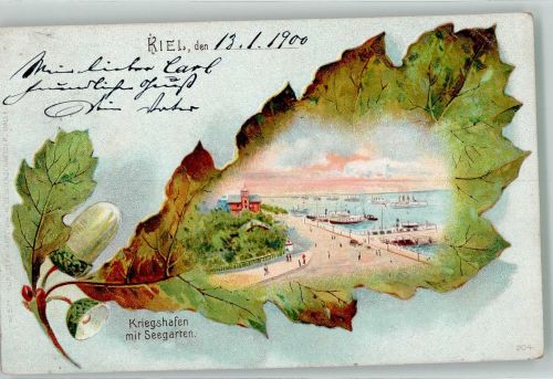 24103 W2300 Kiel , Ostsee 1900 Lithographie Eichenblatt Kieler Kriegshafen mit Seegarten